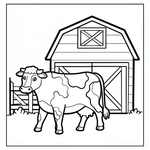 Real generated farm animal coloring worksheet with a cow and barn