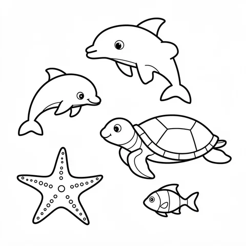 Generated ocean animals coloring page with dolphins, turtle, fish, and starfish